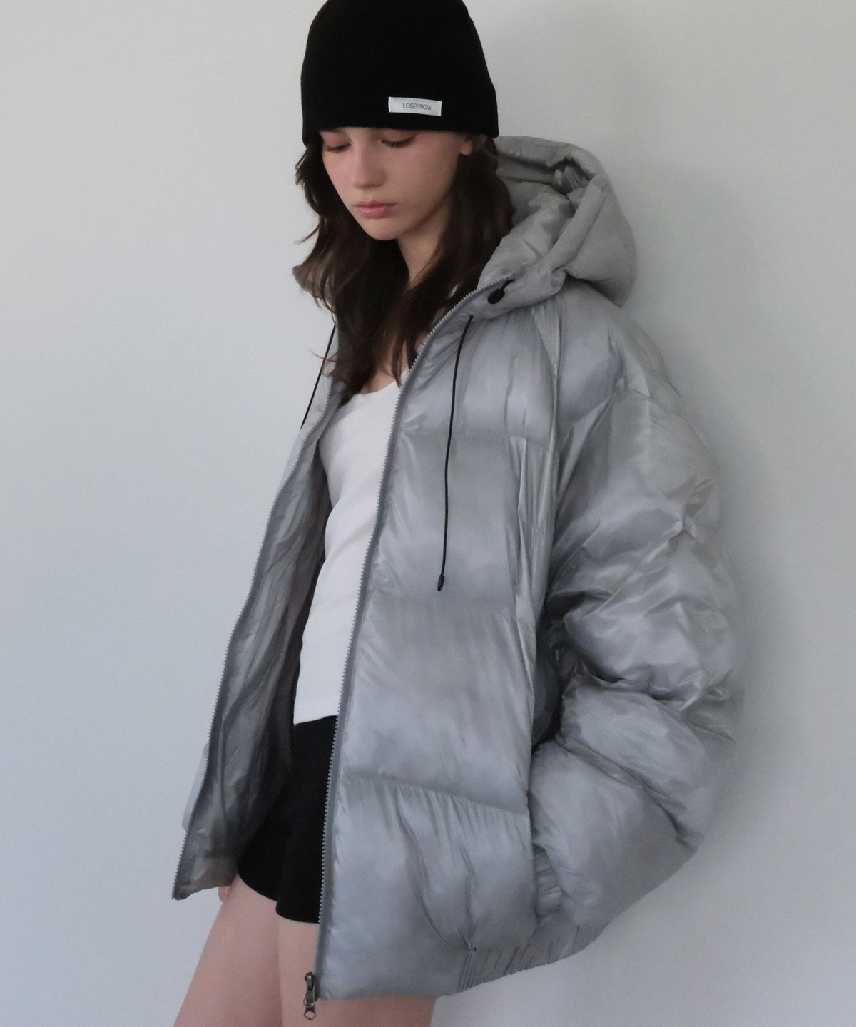 로시로우(LOSSYROW) Haze Sheer Hooded Padding - Light Gray