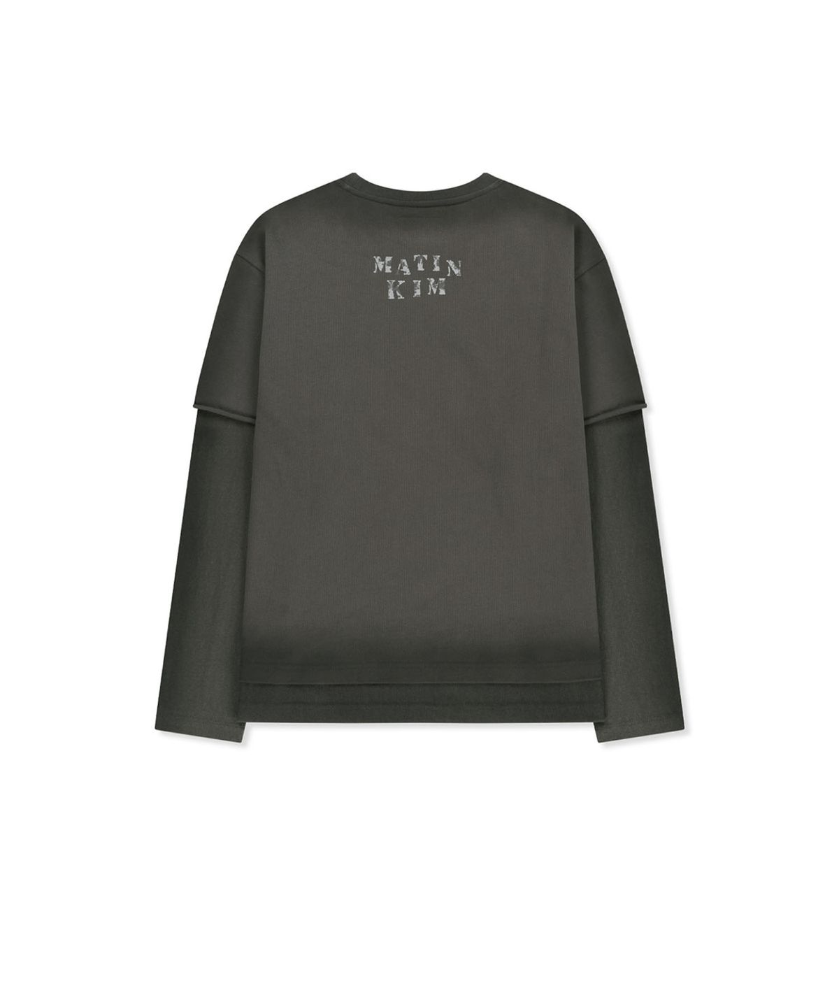 마뗑킴(MATIN KIM) DUST WASHED LOGO LAYERED TOP IN CHARCOAL