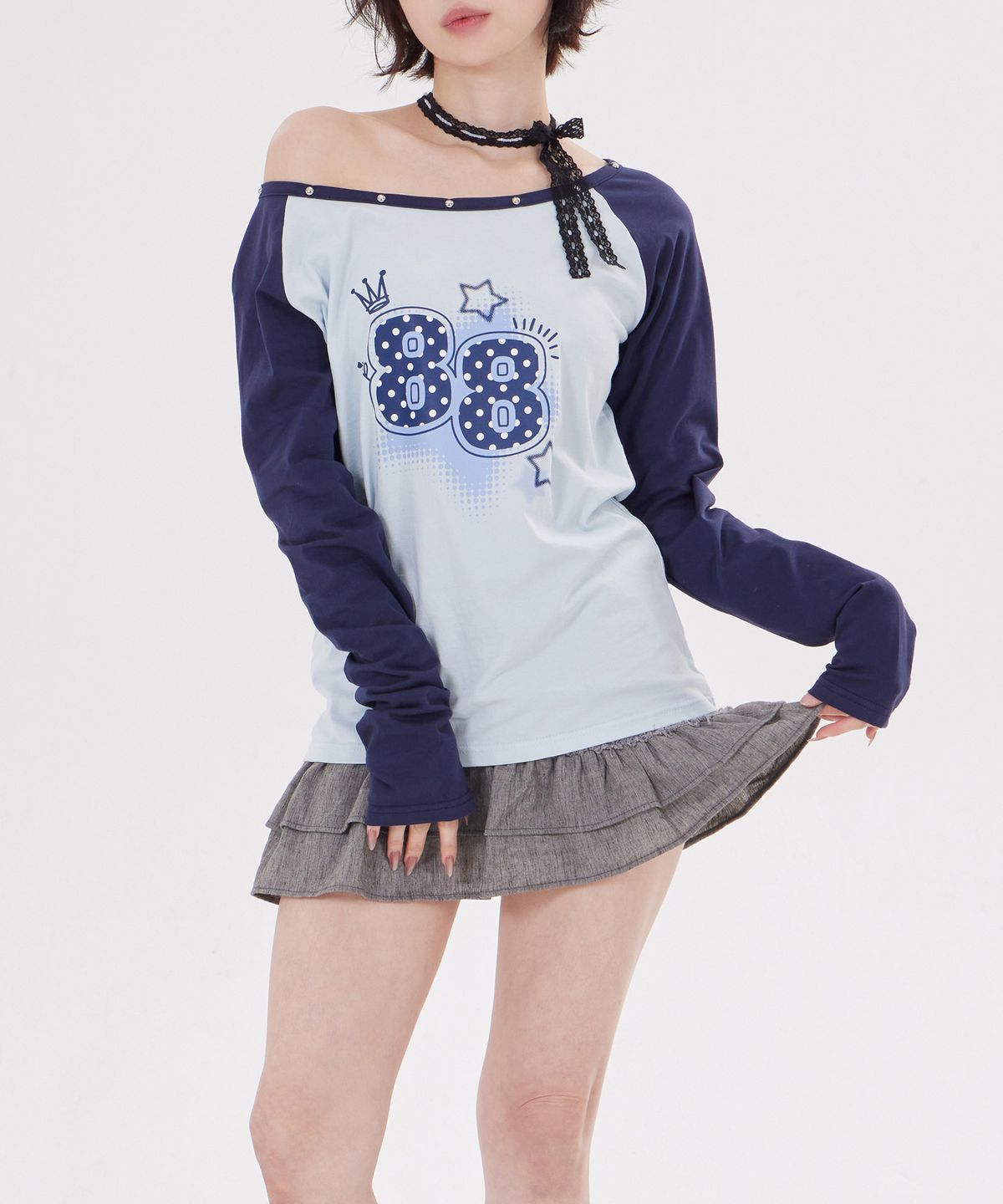 디스펑트(DYSFUNCT) STUDDED RAGLAN PRINT T-SHIRT(SKY BLUE)