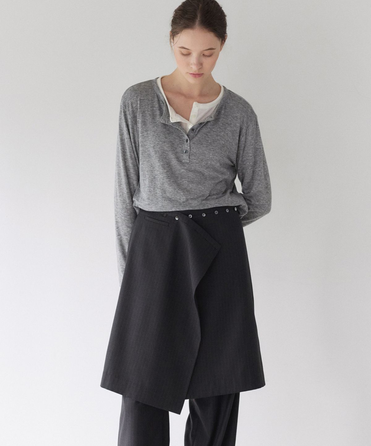 이어닝(YEARNING) SOFT HENLEY NECK LONG SLEEVE, MELANGE GREY