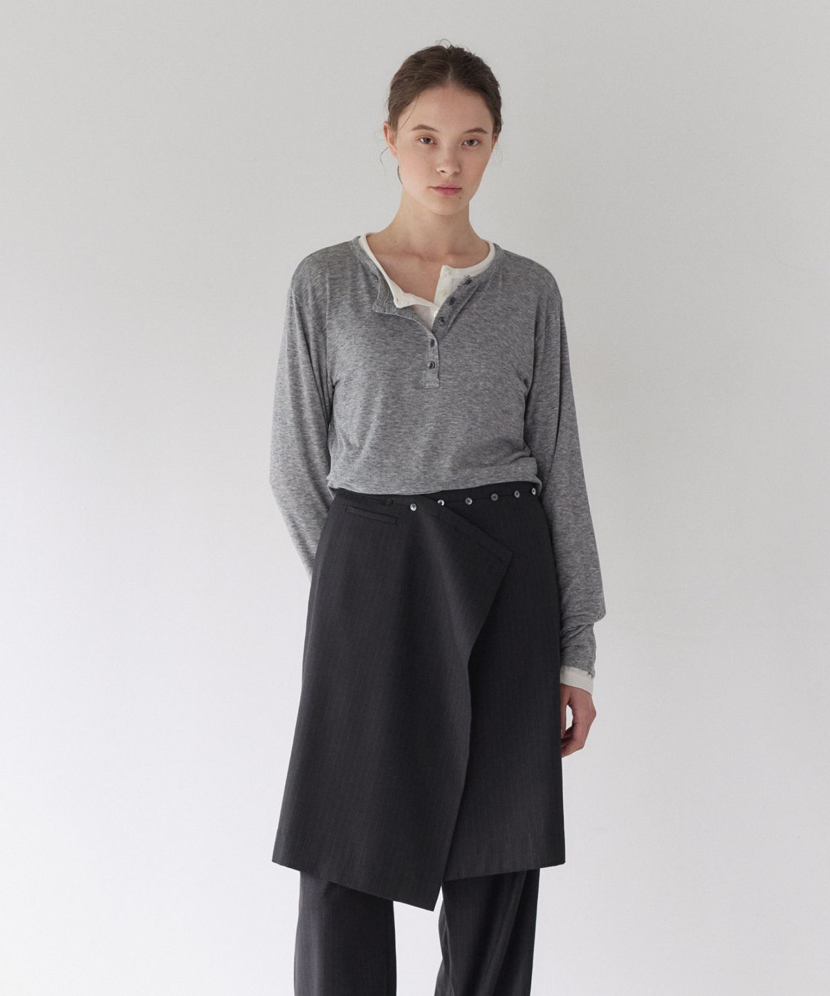 이어닝(YEARNING) SOFT HENLEY NECK LONG SLEEVE, MELANGE GREY