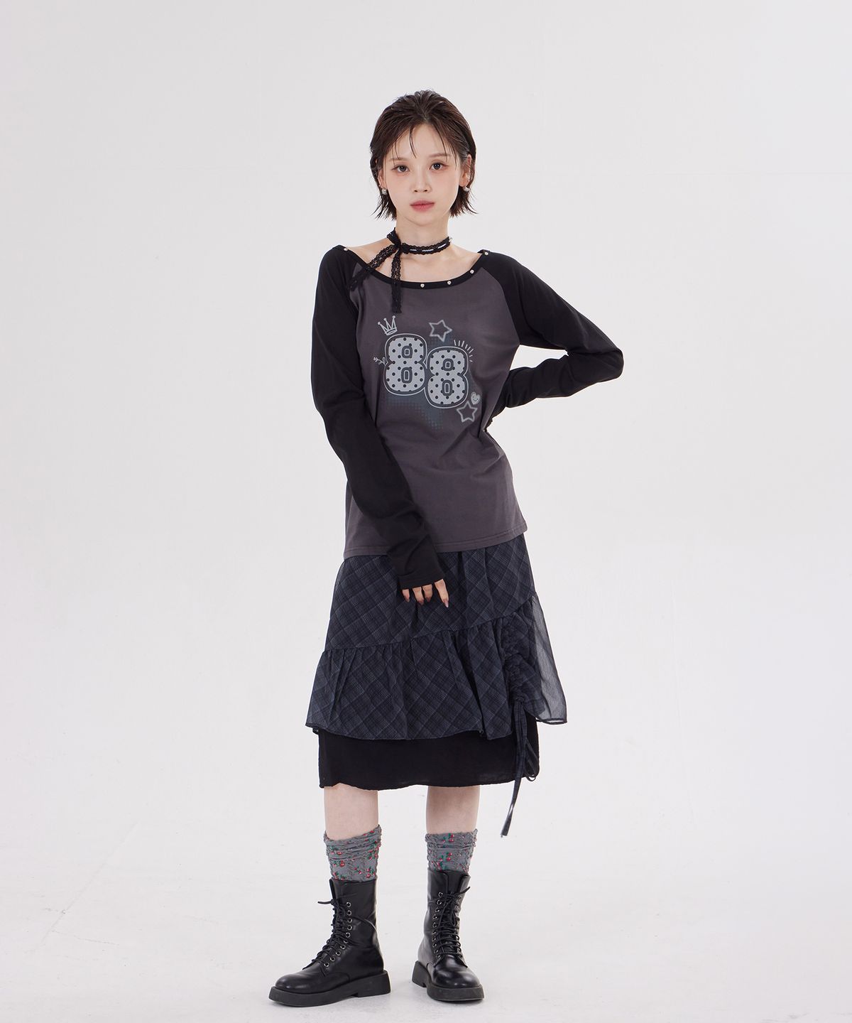 디스펑트(DYSFUNCT) STUDDED RAGLAN PRINT T-SHIRT(CHARCOAL)