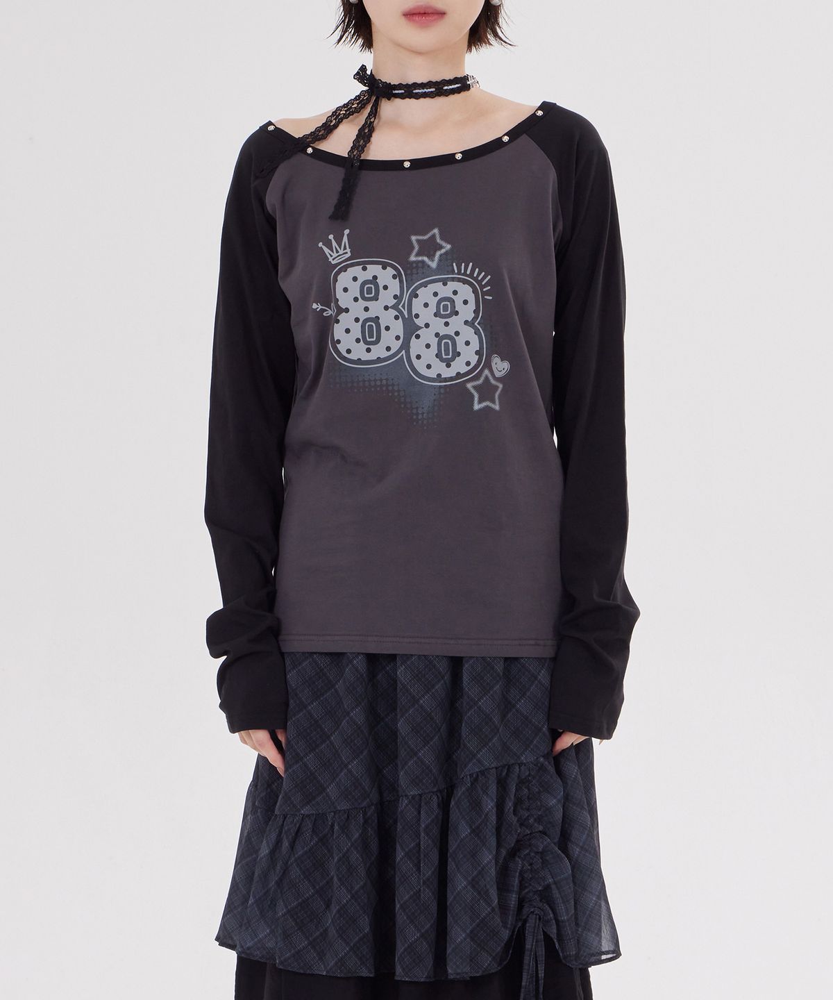 디스펑트(DYSFUNCT) STUDDED RAGLAN PRINT T-SHIRT(CHARCOAL)