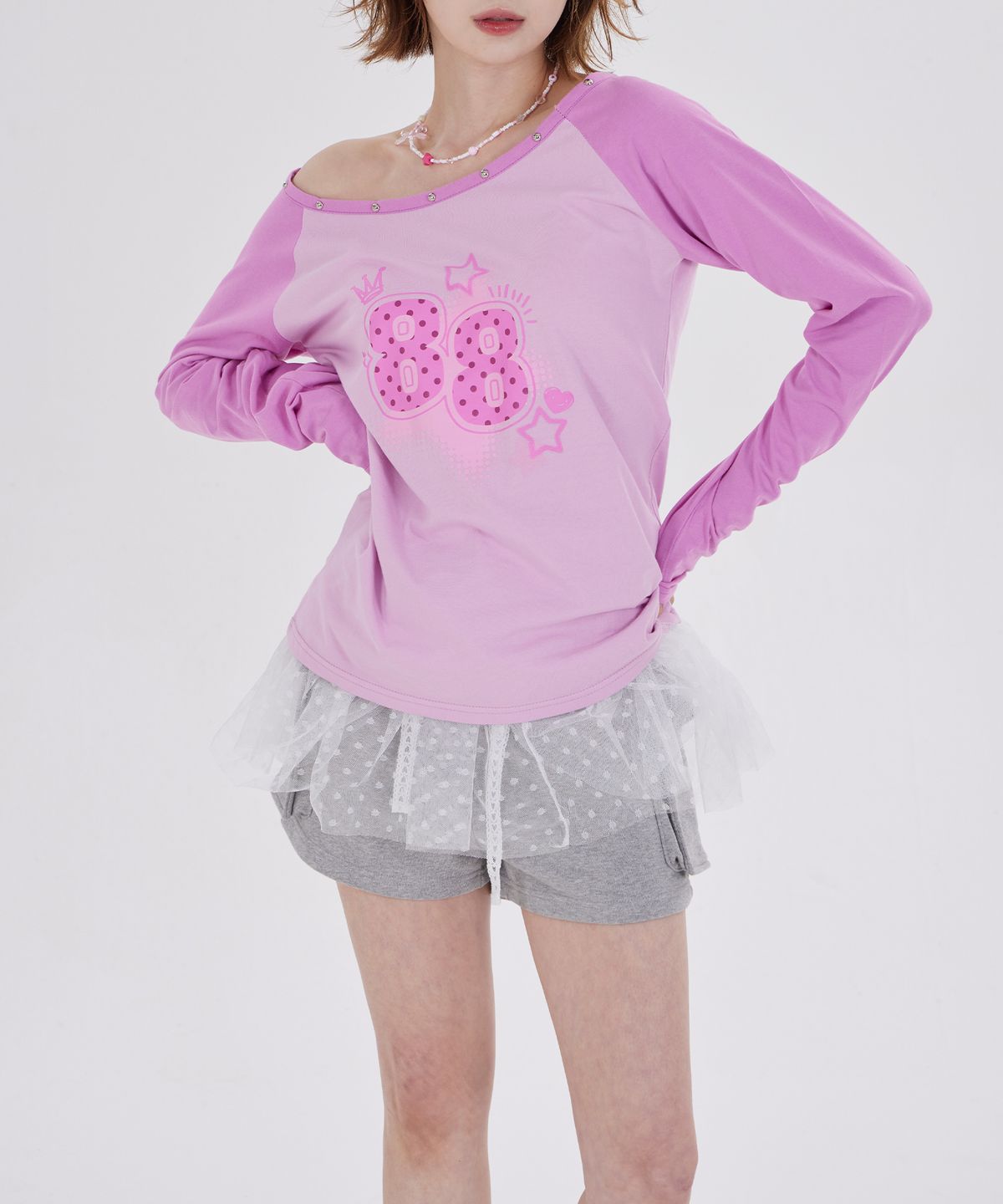 디스펑트(DYSFUNCT) STUDDED RAGLAN PRINT T-SHIRT(PINK)