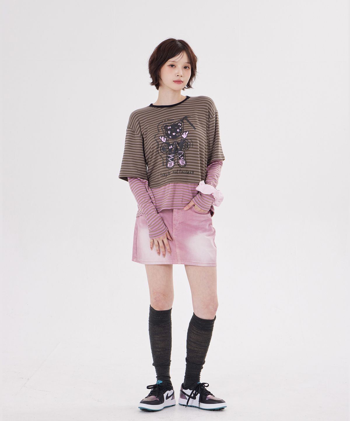 디스펑트(DYSFUNCT) ANGEL HAMMER BEAR STRIPE LAYERED T-SHIRT(KHAKI)
