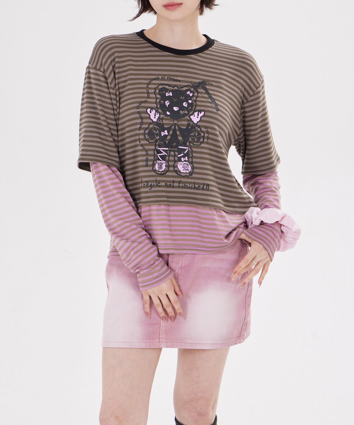 디스펑트(DYSFUNCT) ANGEL HAMMER BEAR STRIPE LAYERED T-SHIRT(KHAKI)