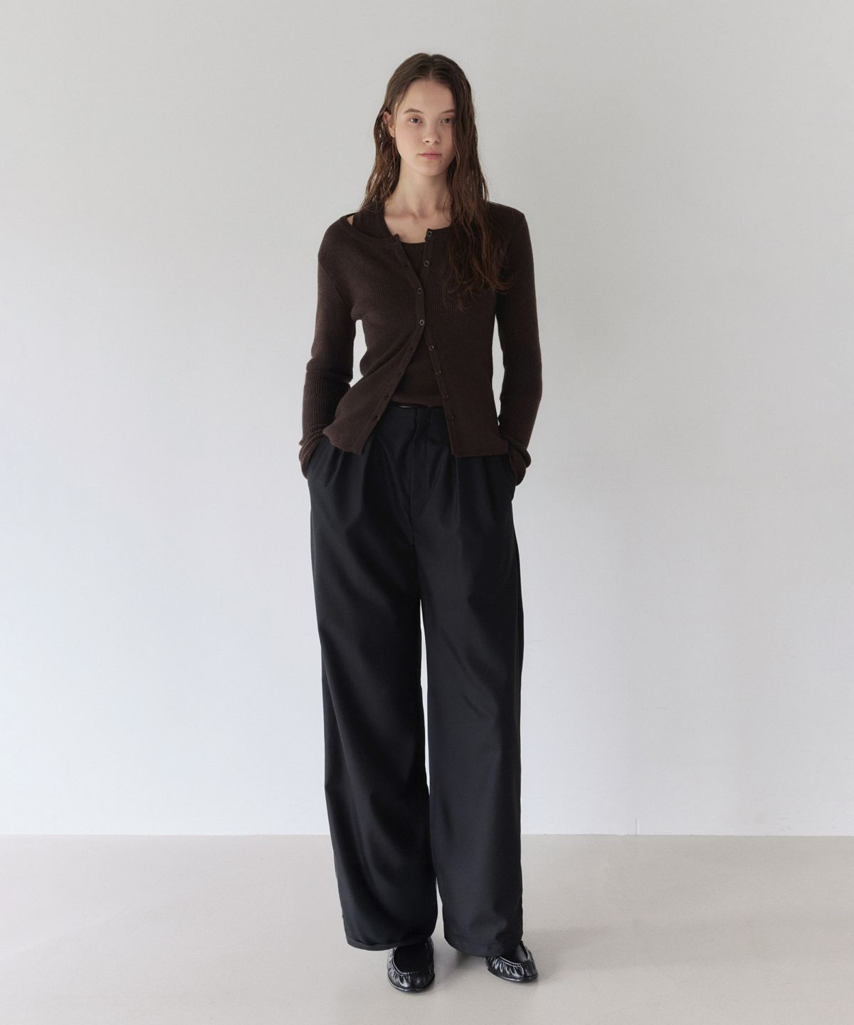 이어닝(YEARNING) RIB KNIT CARDIGAN SET-UP BROWN