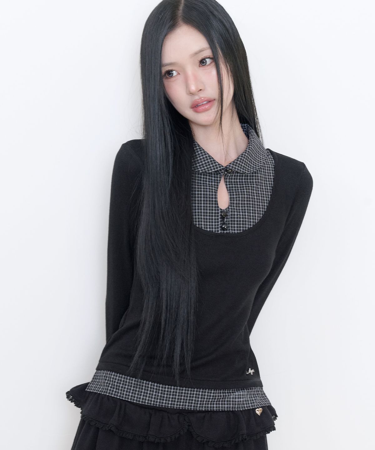 일리고(ILLIGO) 레이어드 셔츠 버튼 탑 블랙