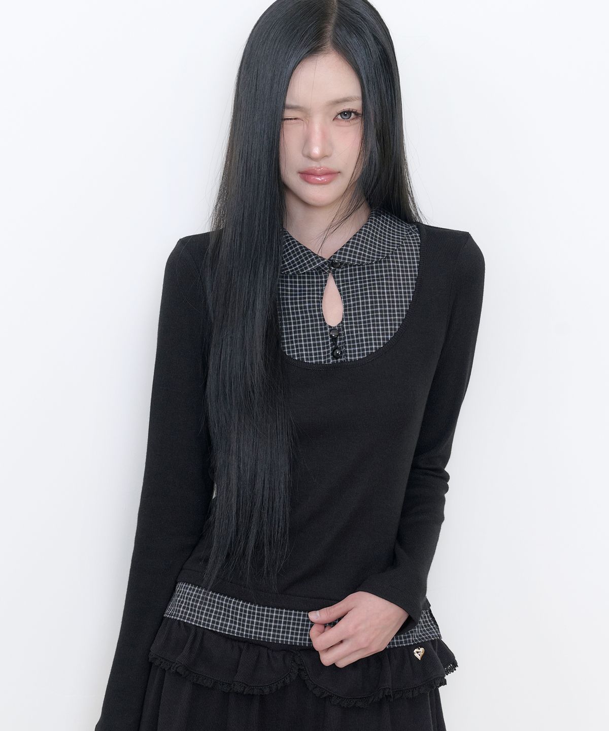 일리고(ILLIGO) 레이어드 셔츠 버튼 탑 블랙
