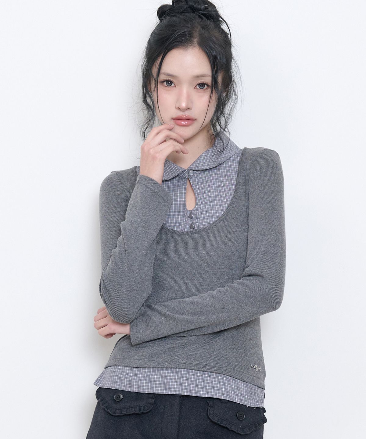 일리고(ILLIGO) 레이어드 셔츠 버튼 탑 차콜
