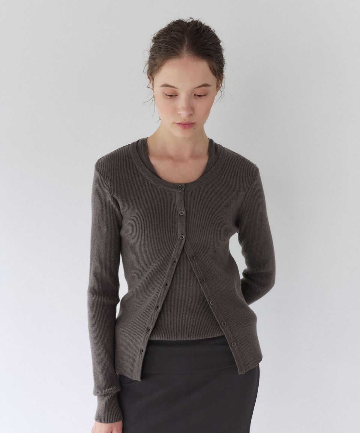 이어닝(YEARNING) RIB KNIT CARDIGAN SET-UP, KHAKI BEIGE