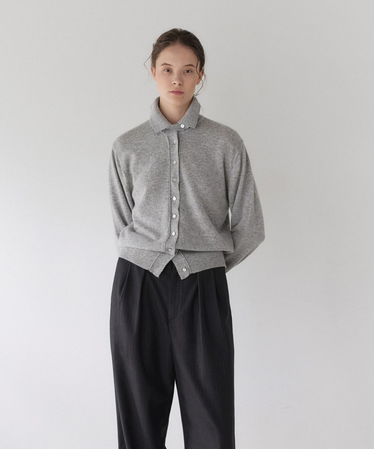 이어닝(YEARNING) HIGH NECK BUTTON CARDIGAN, GREY