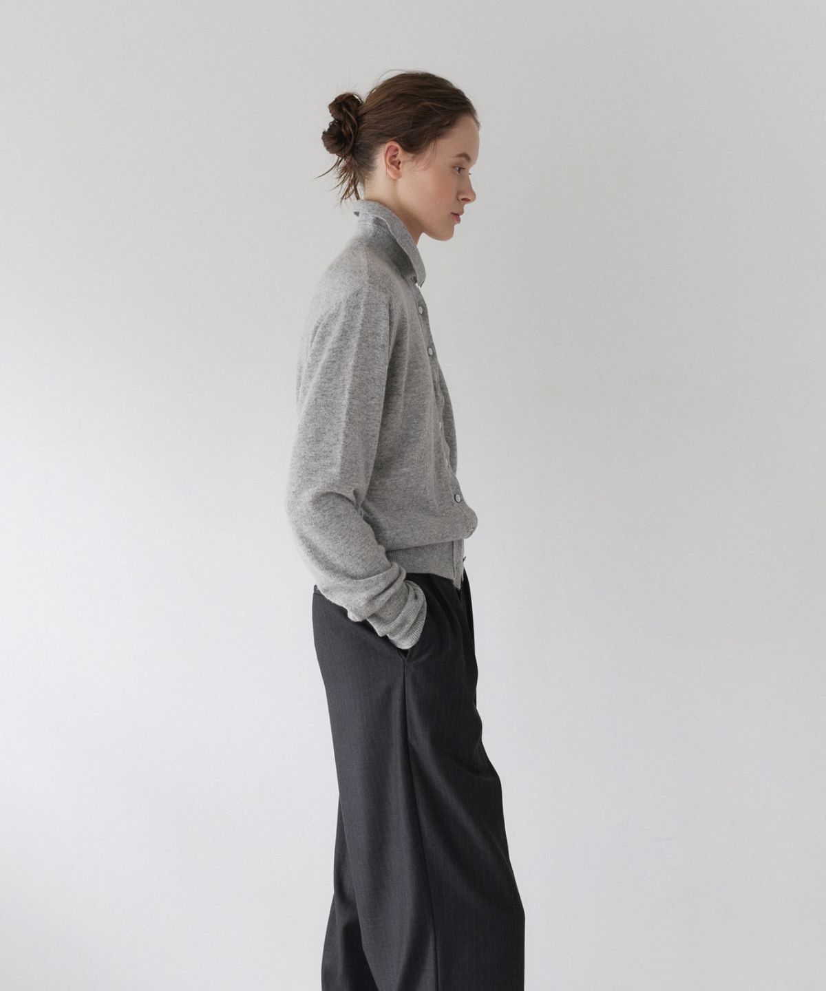 이어닝(YEARNING) HIGH NECK BUTTON CARDIGAN, GREY