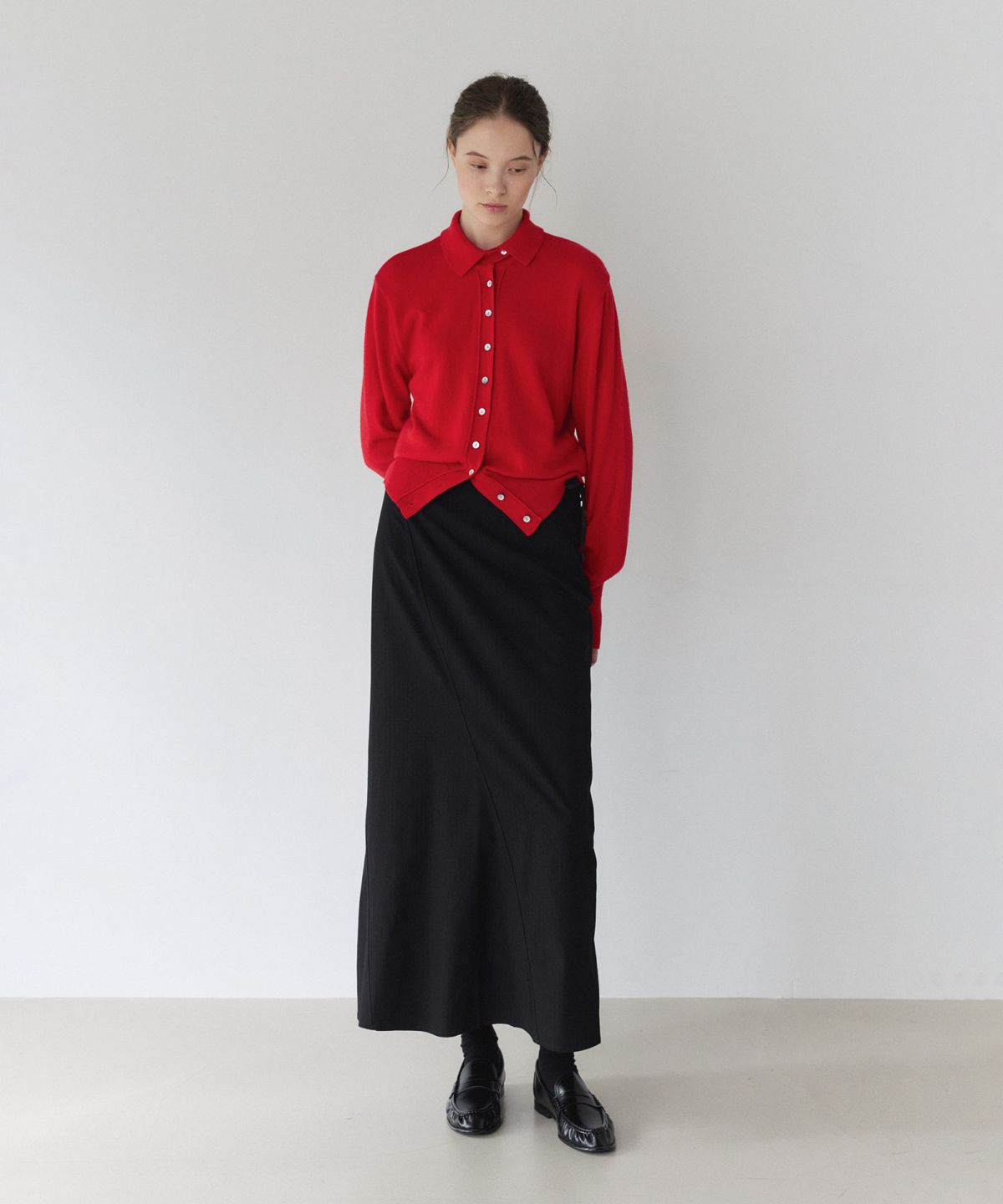 이어닝(YEARNING) HIGH NECK BUTTON CARDIGAN, RED