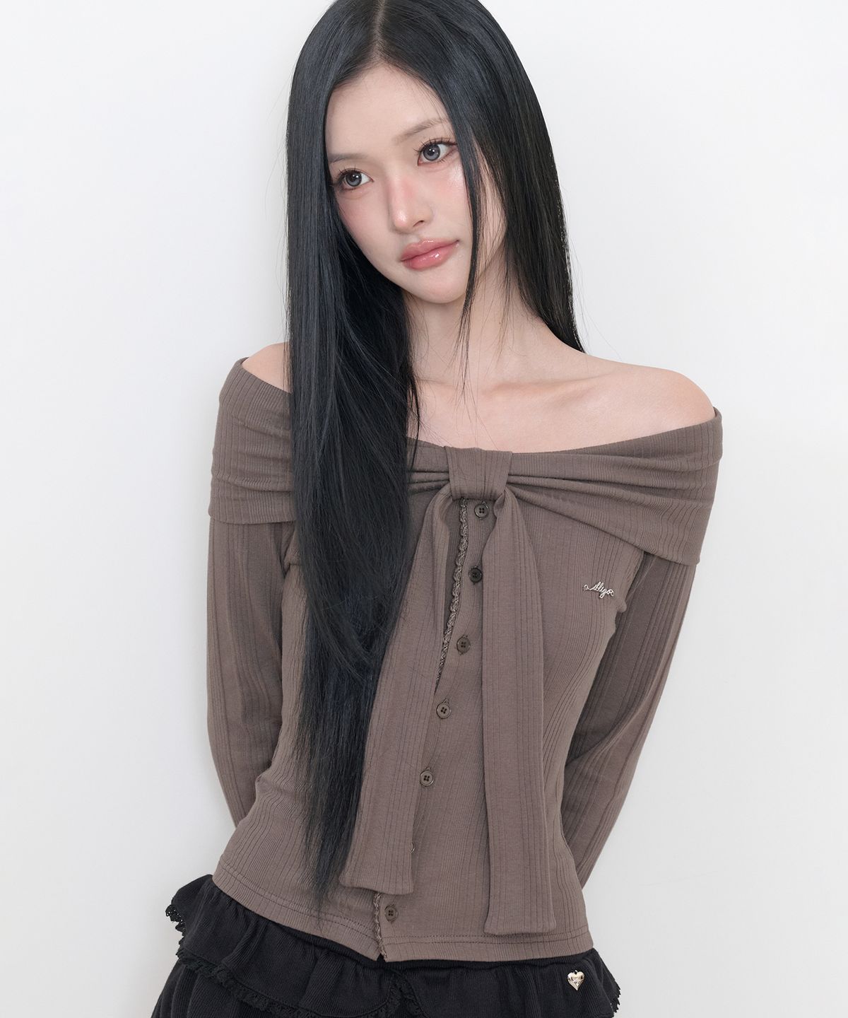 일리고(ILLIGO) 퓨어 보우 가디건 탑 브라운