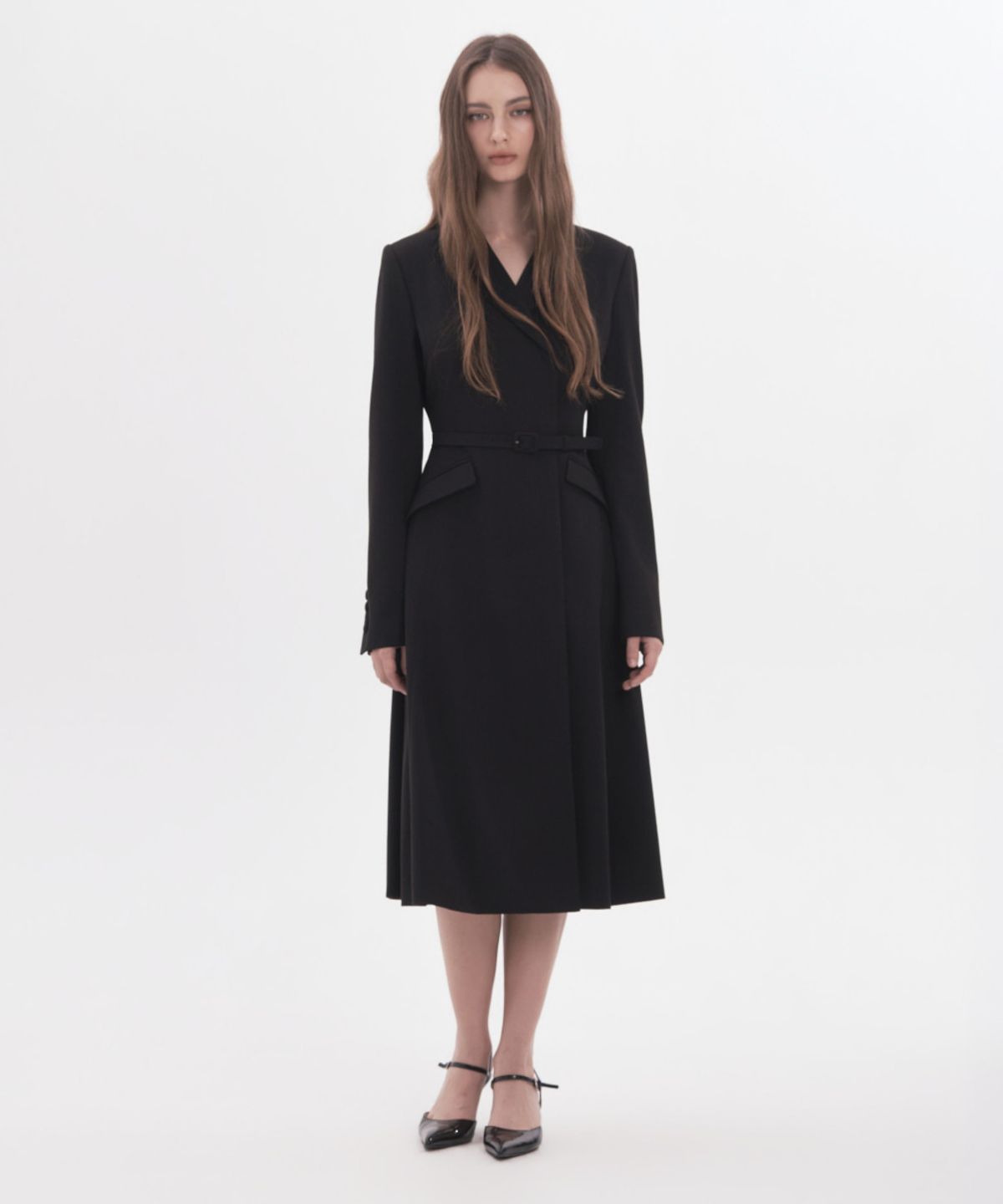 마우솔레움(MAU SOLEUM) Jenn Herringbone Long Belted Dress - Black