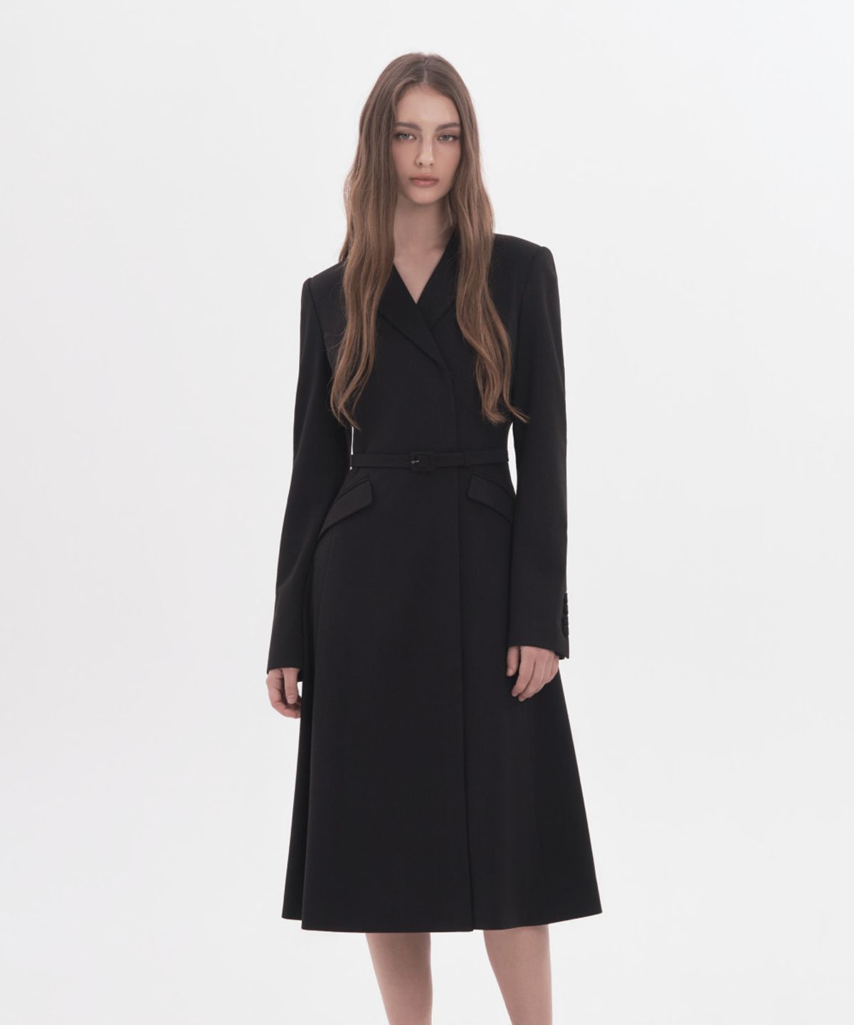 마우솔레움(MAU SOLEUM) Jenn Herringbone Long Belted Dress - Black
