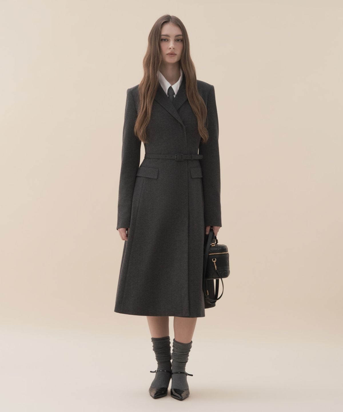 마우솔레움(MAU SOLEUM) Jenn Herringbone Long Belted Dress - Dark Grey