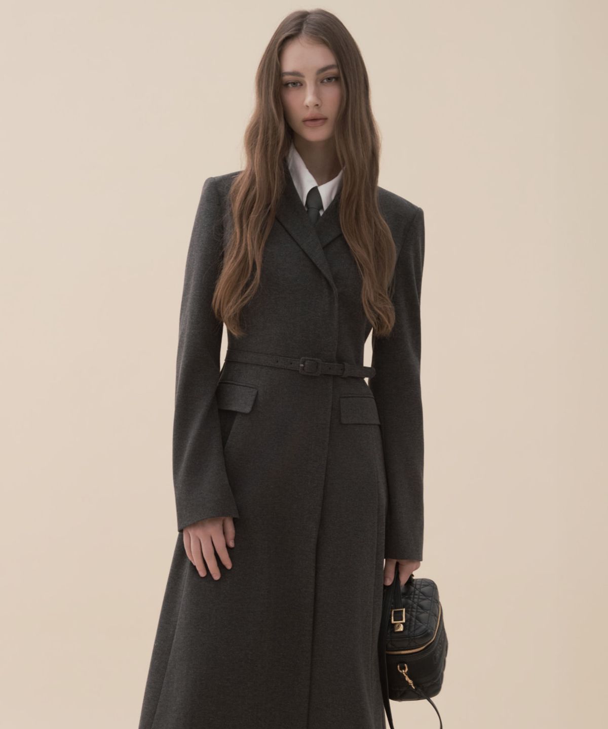 마우솔레움(MAU SOLEUM) Jenn Herringbone Long Belted Dress - Dark Grey