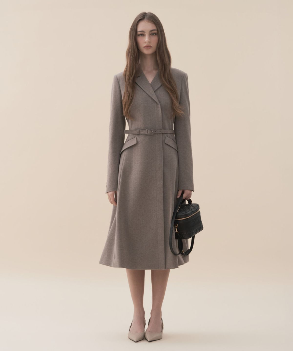 마우솔레움(MAU SOLEUM) Jenn Herringbone Long Belted Dress - Brown