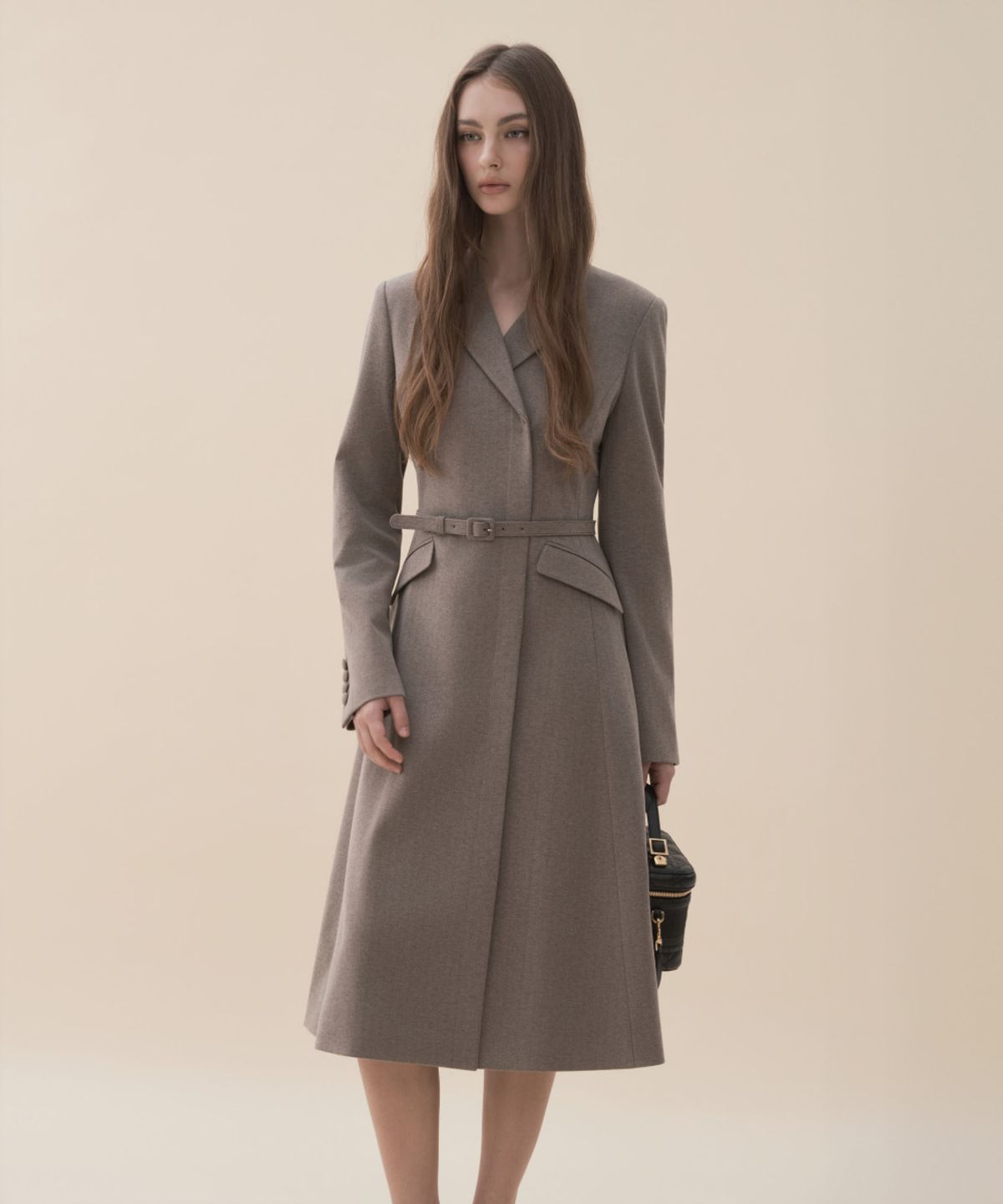 마우솔레움(MAU SOLEUM) Jenn Herringbone Long Belted Dress - Brown