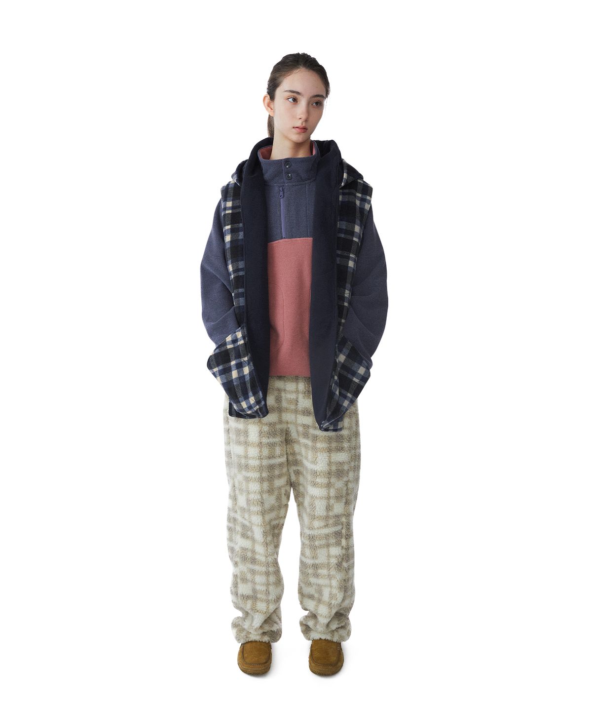 썬러브투어(SUNLOVETOUR) Reversible Fleece Hoodie Scarf Navy Plaid