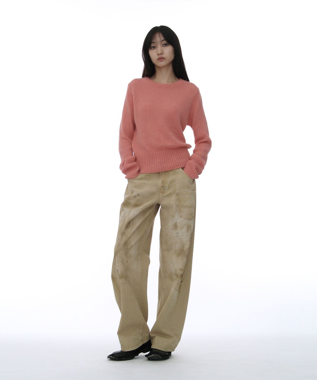 파르티멘토 우먼(PARTIMENTO WOMEN) 와이드 리브 니트 크루넥_애프리콧