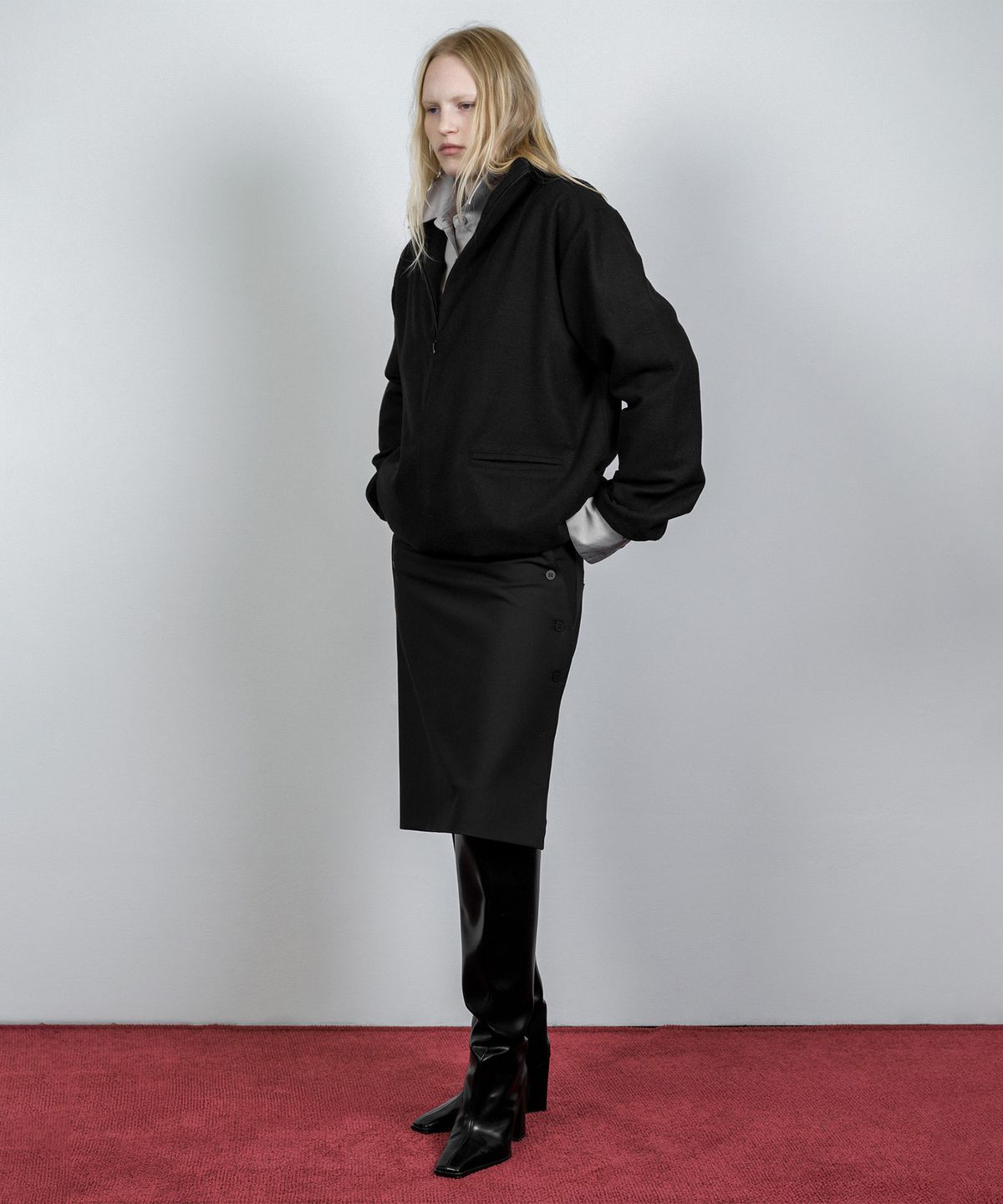 나체(NACHE) LAYERED BUTTON MIDI SKIRT BLACK