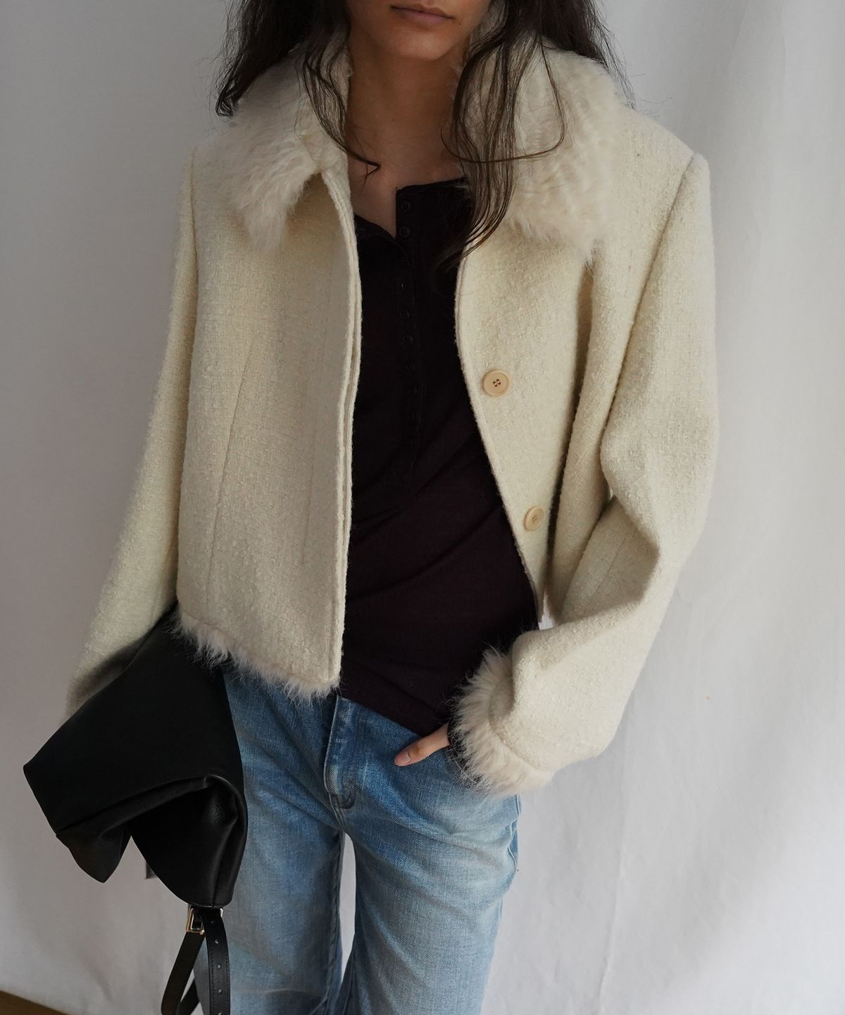 엘무드 우먼(LMOOD WOMEN) VALENTINA Wool-Fur Combo Jacket Vanilla Cream
