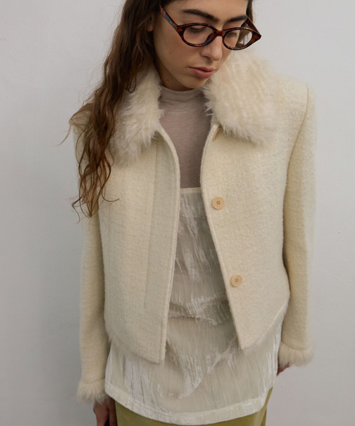 엘무드 우먼(LMOOD WOMEN) VALENTINA Wool-Fur Combo Jacket Vanilla Cream