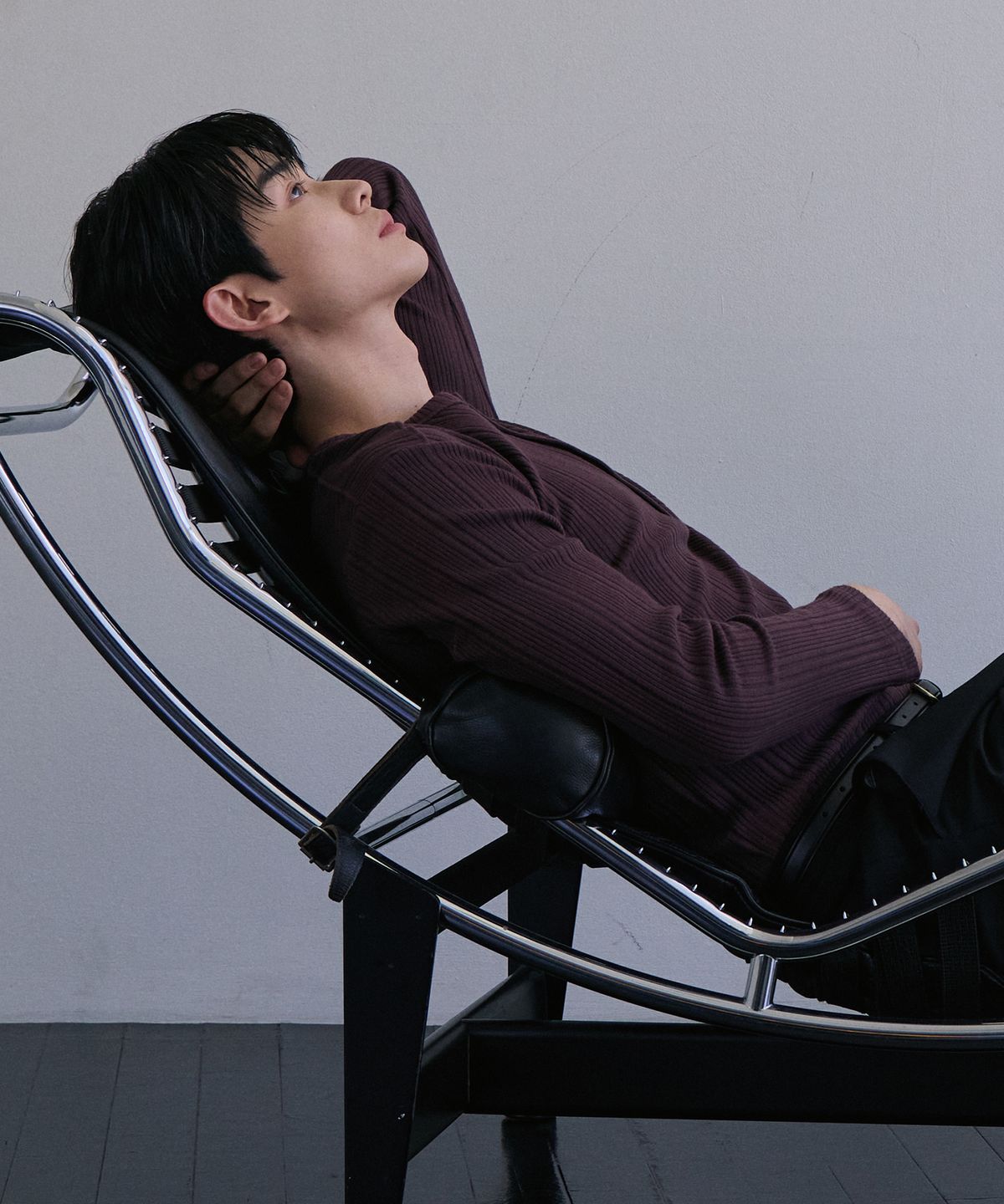 로랑서울(LAURANTSEOUL) Structured ribbed henley knit sleeves (Burgundy)