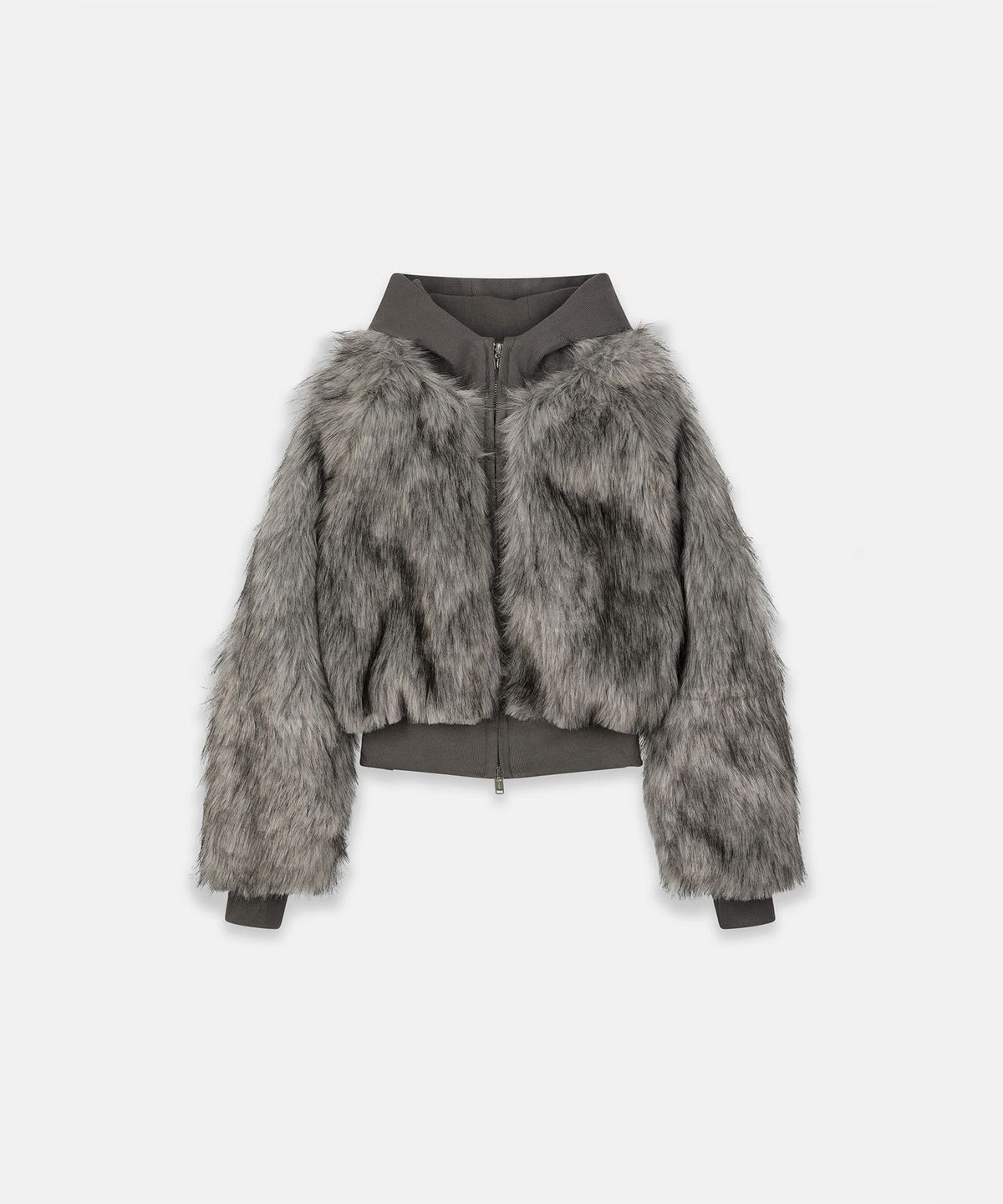 나체(NACHE) HOODIE CROP FAUX FUR JACKET GRAY