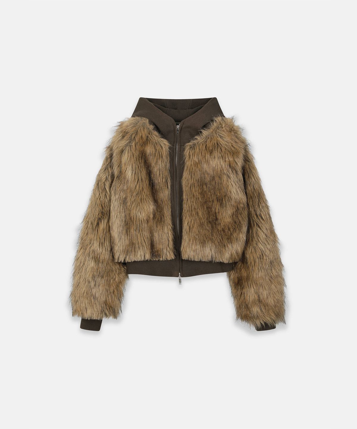 나체(NACHE) HOODIE CROP FAUX FUR JACKET KHAKI BROWN
