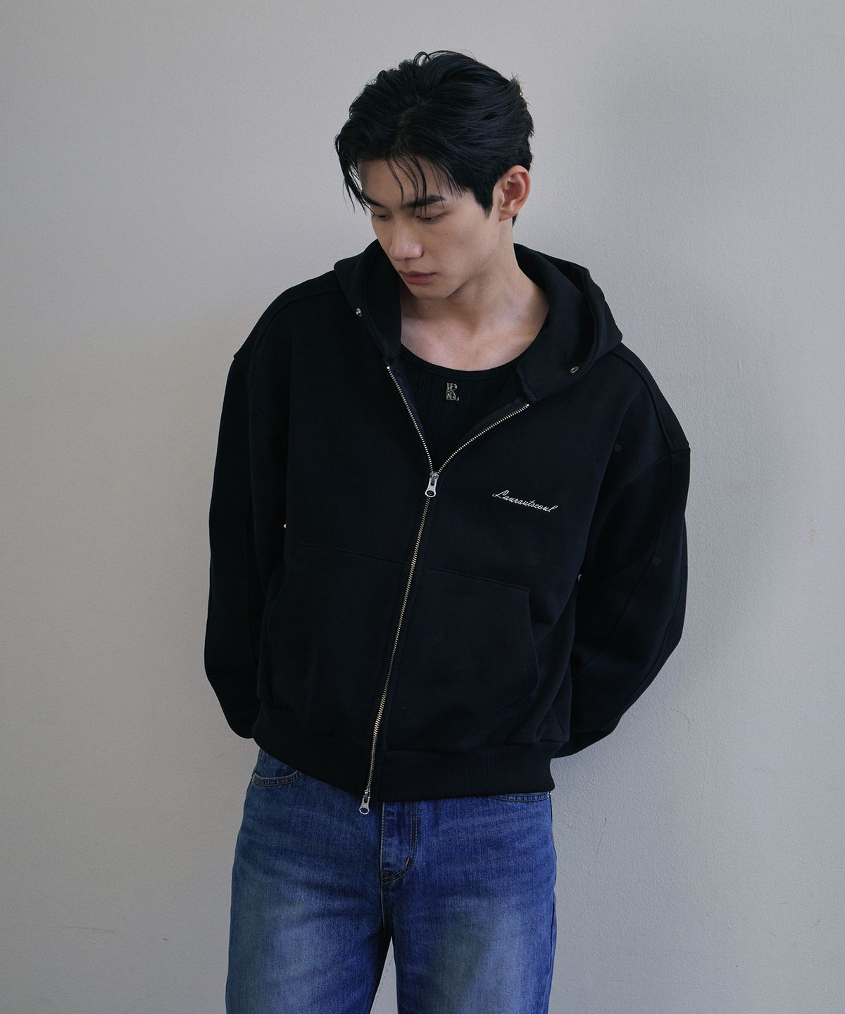 로랑서울(LAURANTSEOUL) Structured paneled Crop hood zip up (Black)
