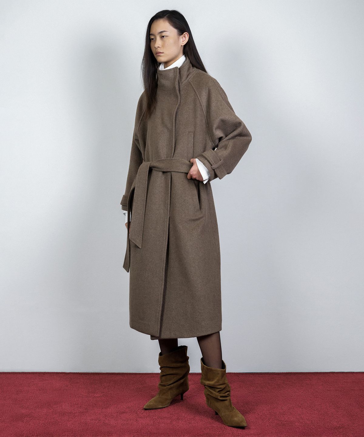 나체(NACHE) ASYMMETRIC ZIP WOOL LONG COAT BROWN