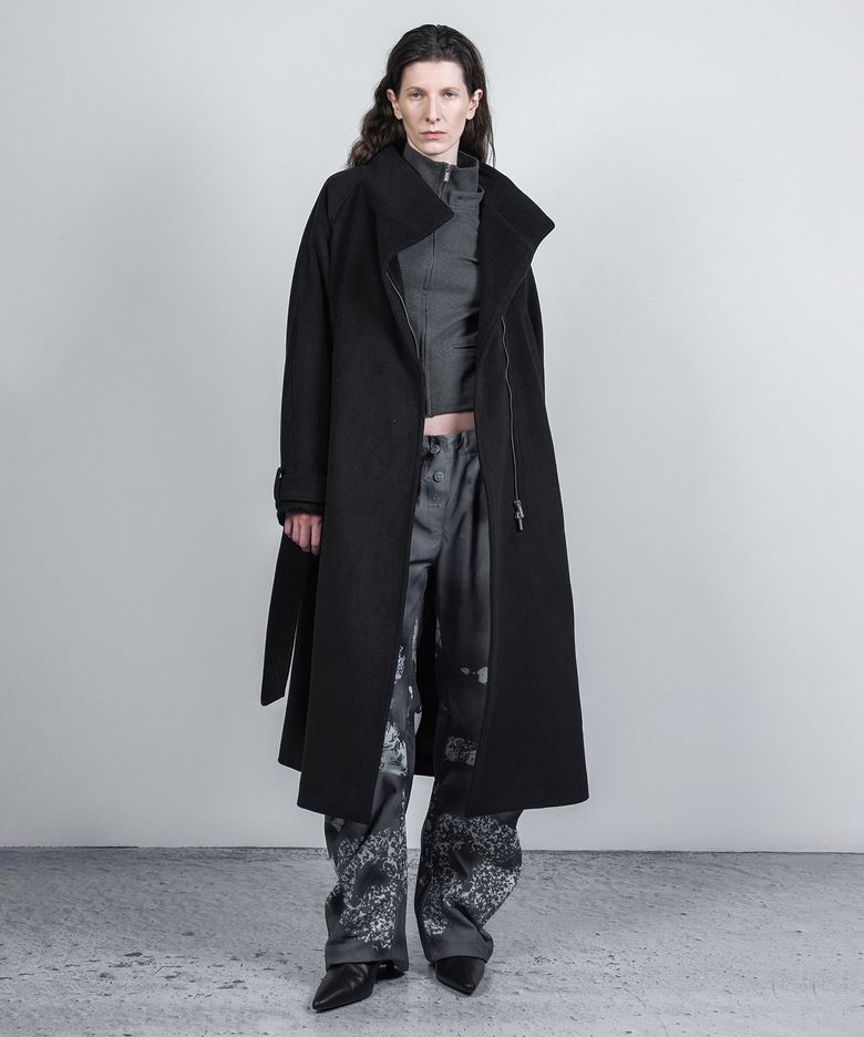 ASYMMETRIC ZIP WOOL LONG COAT BLACK