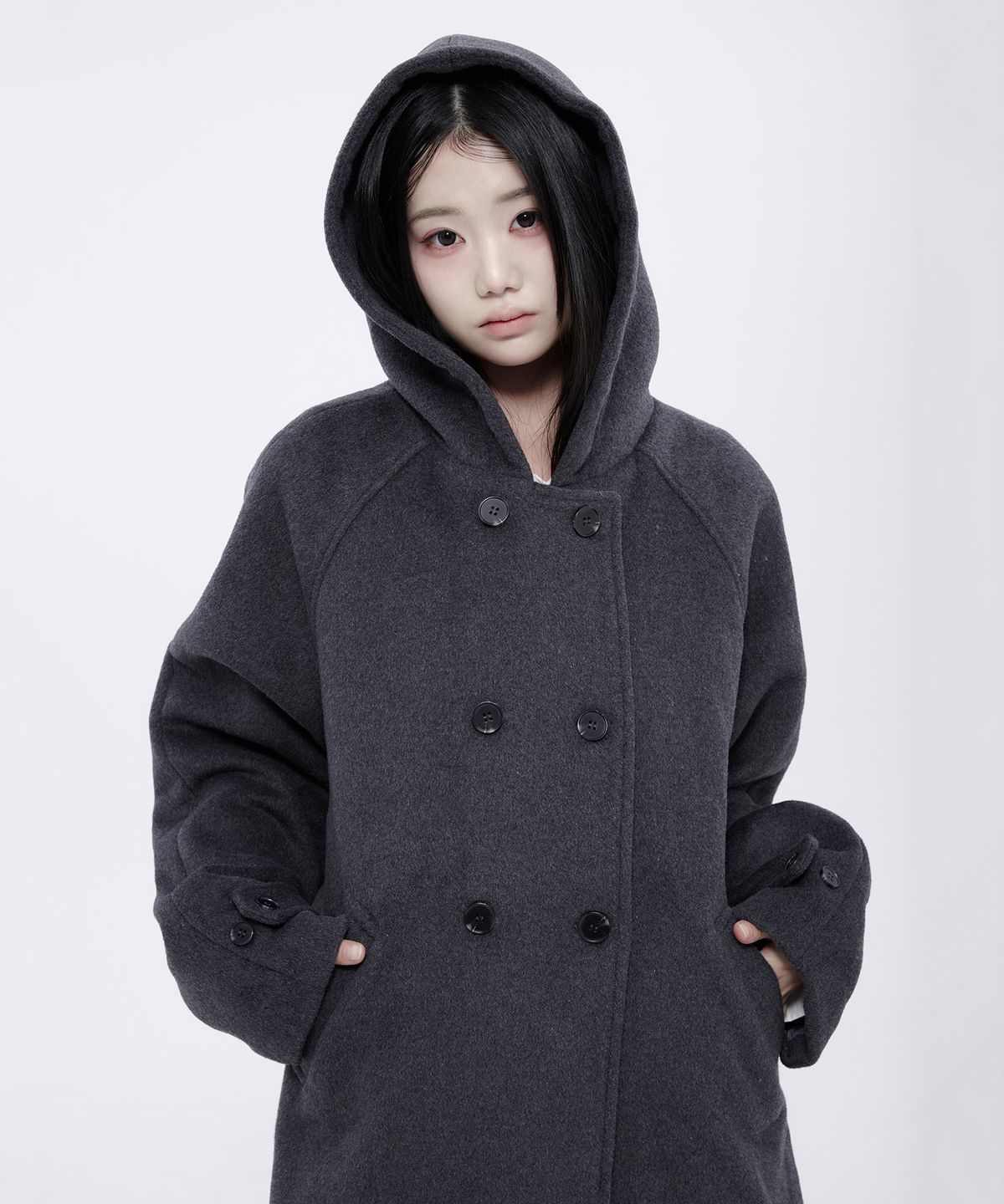 알키알카(ALKI ALKA) Hooded Half Coat (Charcoal)_ALKAS01534