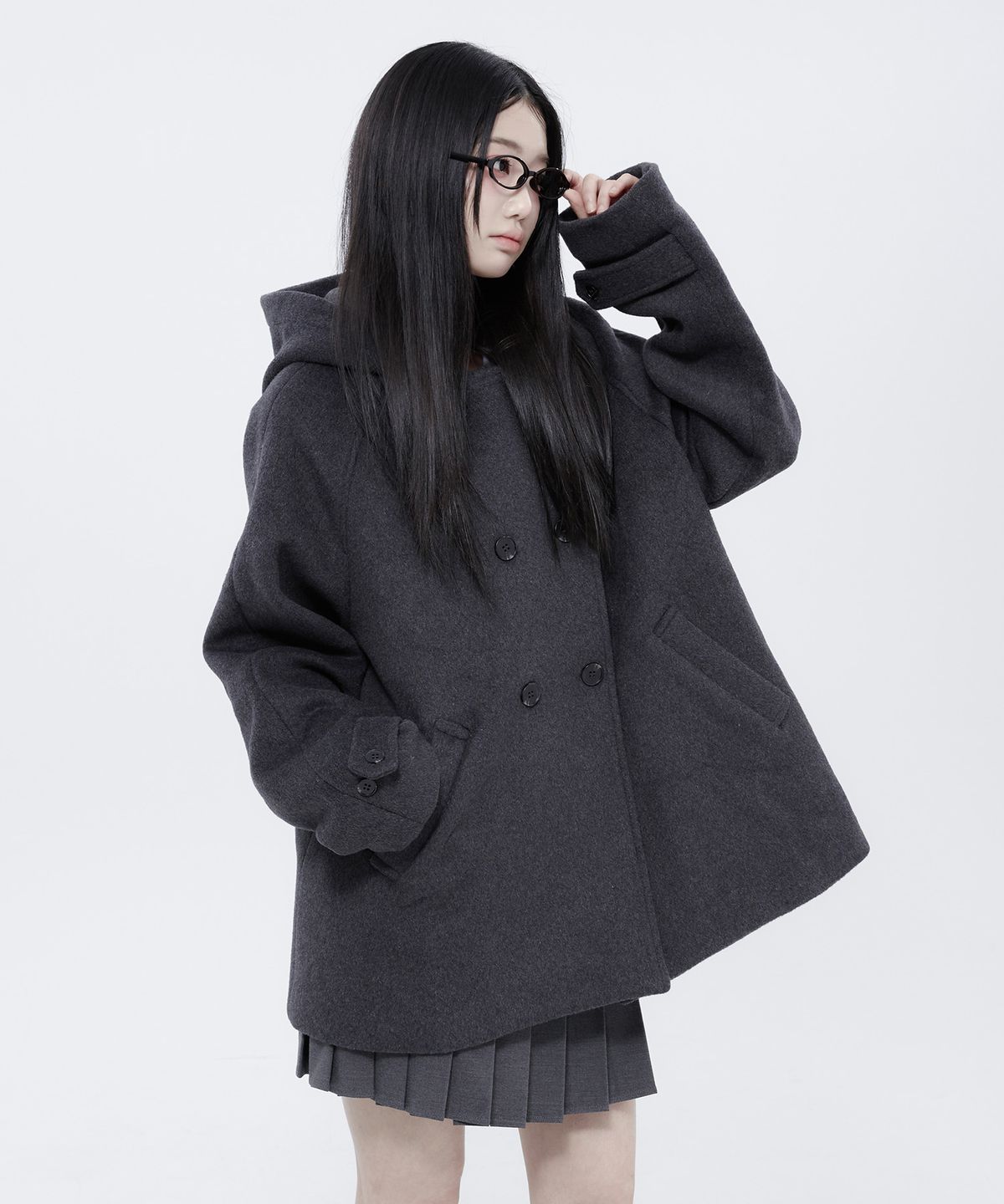 알키알카(ALKI ALKA) Hooded Half Coat (Charcoal)_ALKAS01534