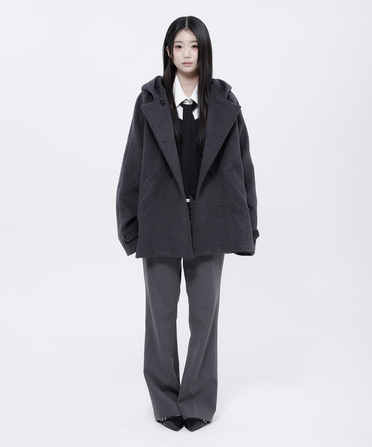 알키알카(ALKI ALKA) Hooded Half Coat (Charcoal)_ALKAS01534