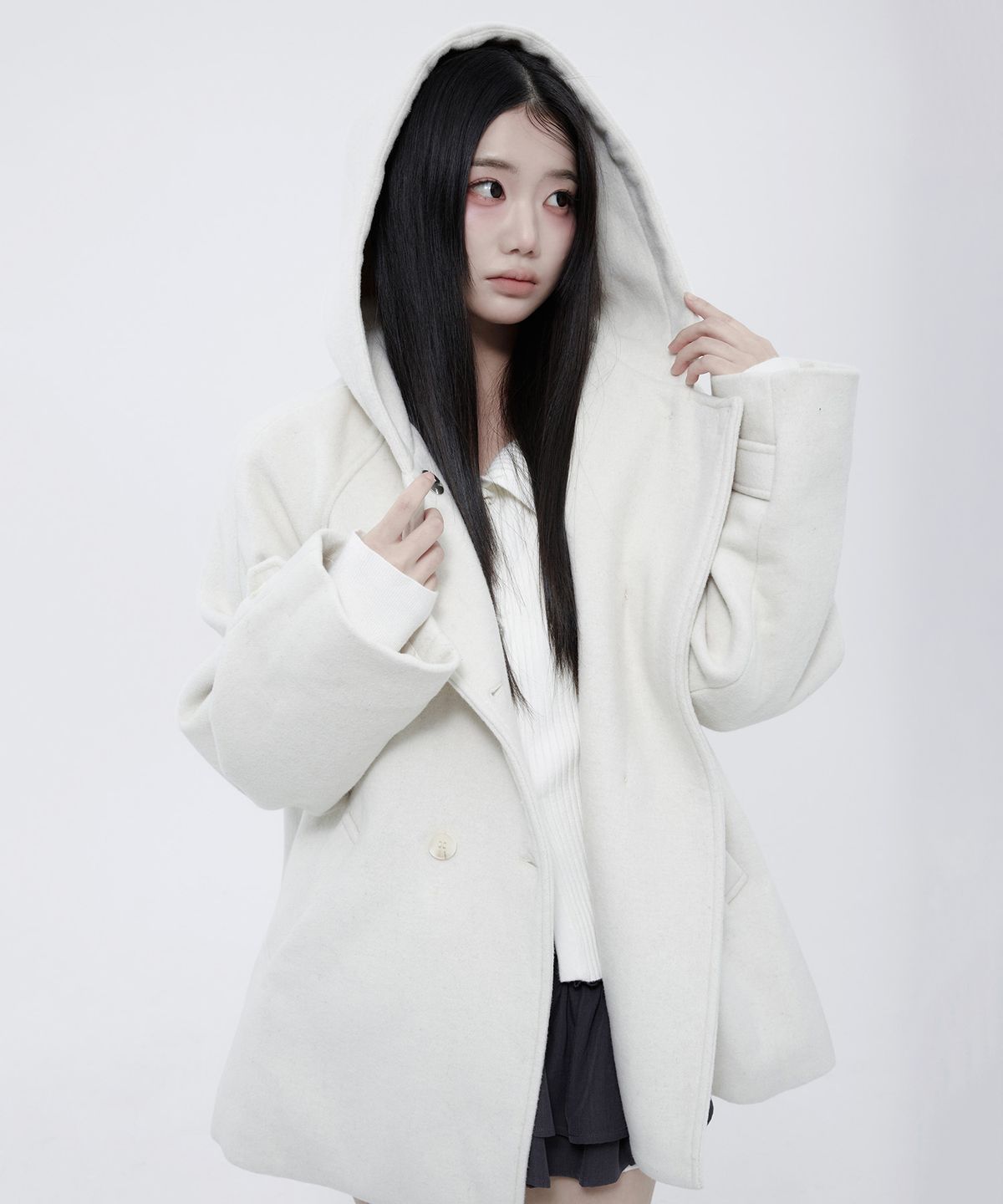 알키알카(ALKI ALKA) Hooded Half Coat (Ivory)_ALKAS01533