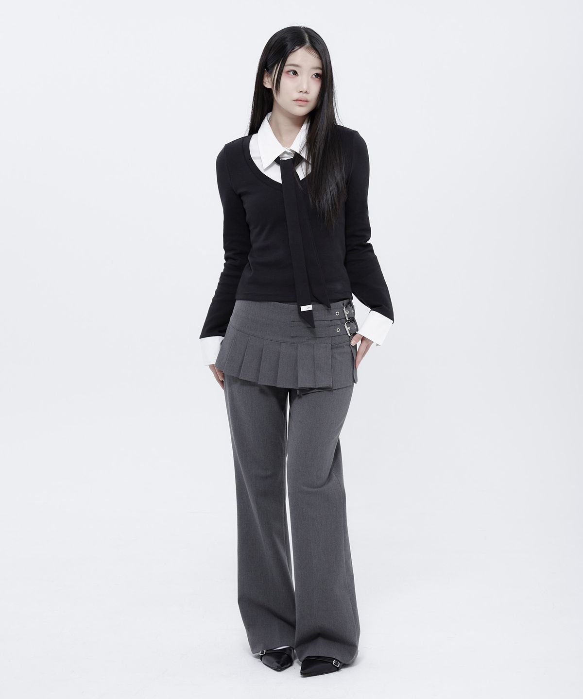 알키알카(ALKI ALKA) Tie Layered Blouse (Black)_ALKAS01537
