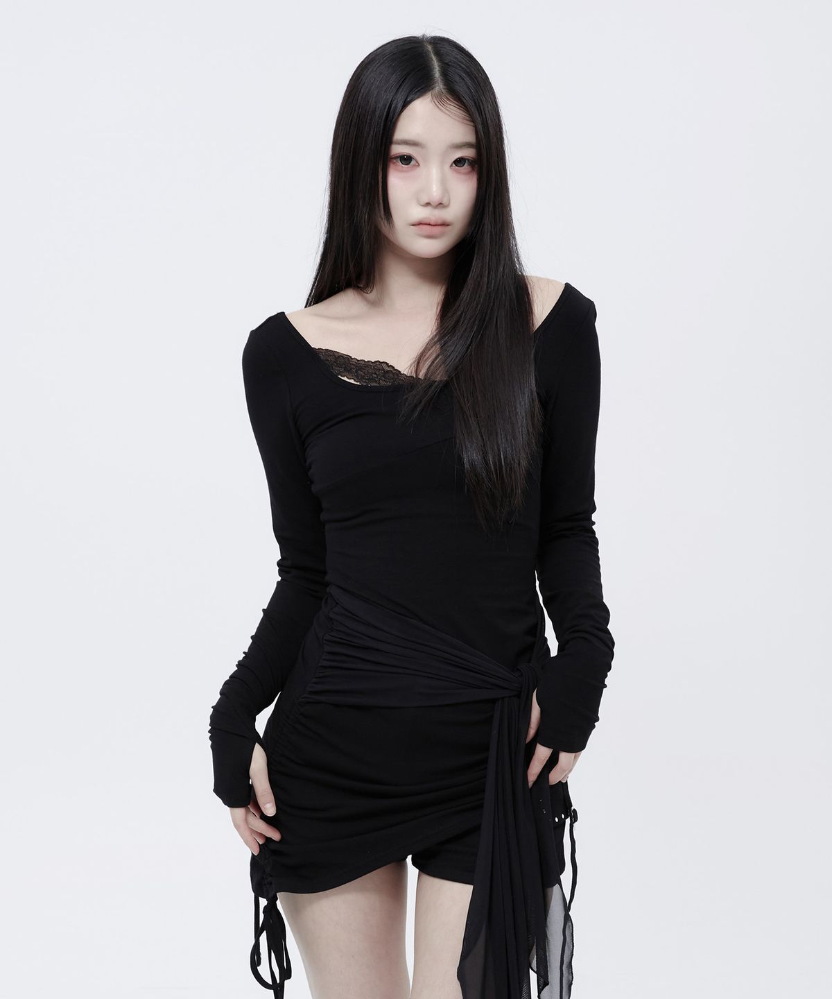 알키알카(ALKI ALKA) Lace Draped Mini Dress (Black)_ALKAS01540
