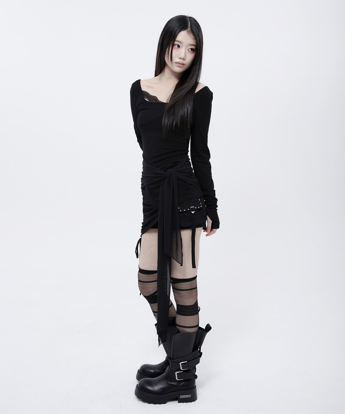 알키알카(ALKI ALKA) Lace Draped Mini Dress (Black)_ALKAS01540