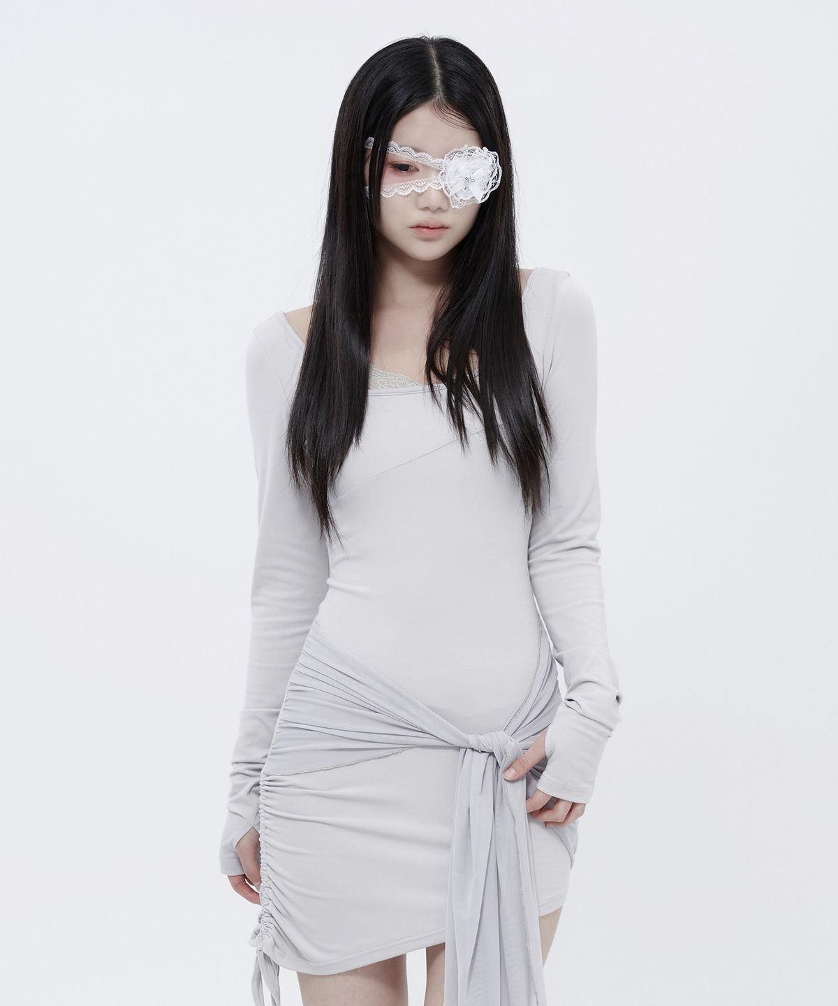 알키알카(ALKI ALKA) Lace Draped Mini Dress (Light Gray)_ALKAS01541
