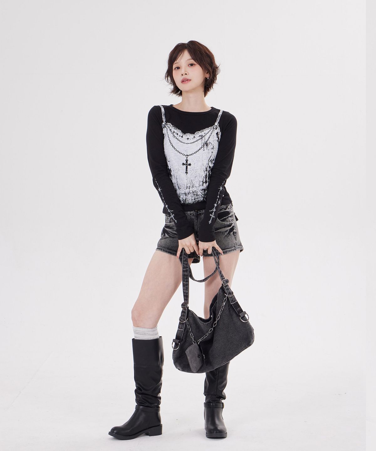 디스펑트(DYSFUNCT) LACE CORSET GRAPHIC LONG SLEEVE TEE(BLACK)