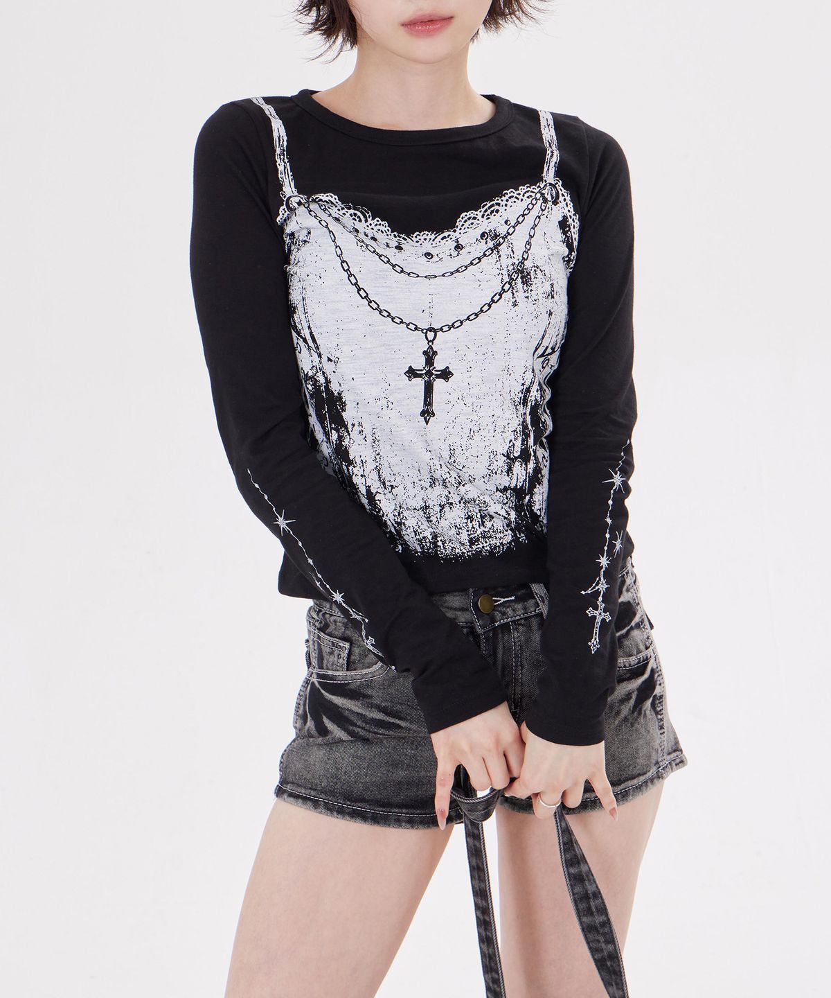 디스펑트(DYSFUNCT) LACE CORSET GRAPHIC LONG SLEEVE TEE(BLACK)