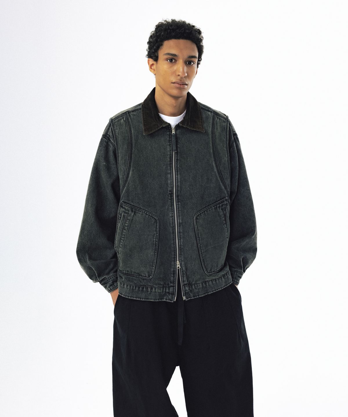 앵글런(ANGLAN) Denim Work Zip-Up Jacket - Washed Black