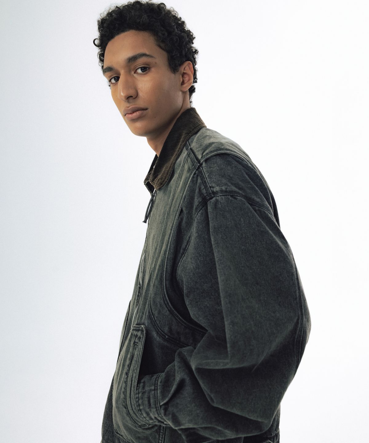 앵글런(ANGLAN) Denim Work Zip-Up Jacket - Washed Black