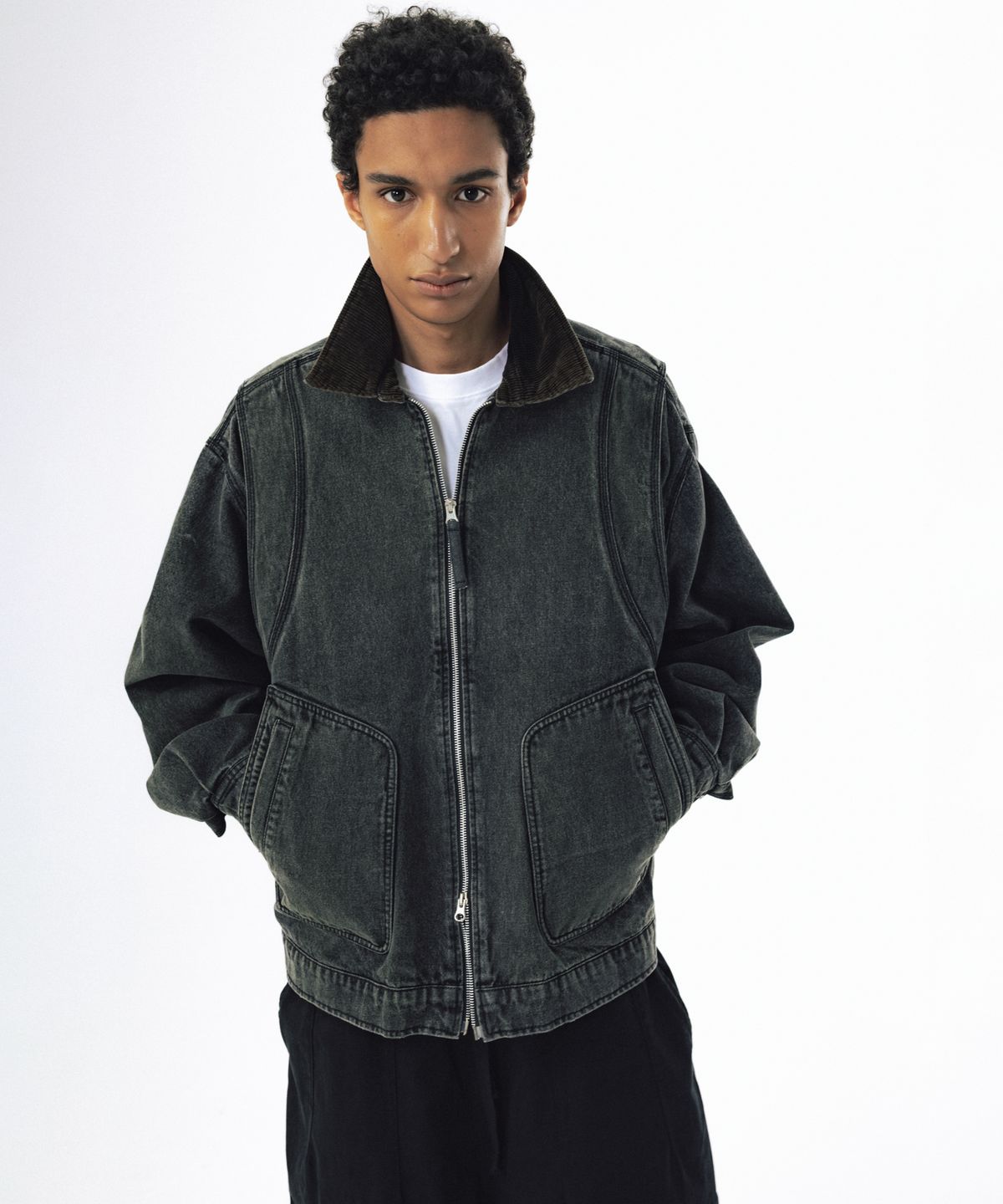 앵글런(ANGLAN) Denim Work Zip-Up Jacket - Washed Black