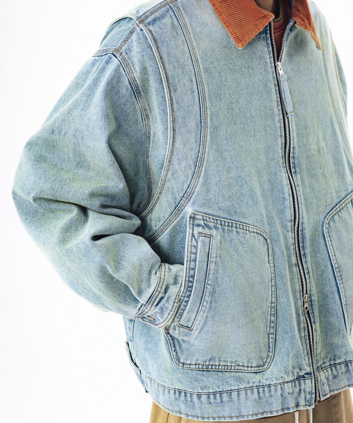 앵글런(ANGLAN) Denim Work Zip-Up Jacket - Washed Blue